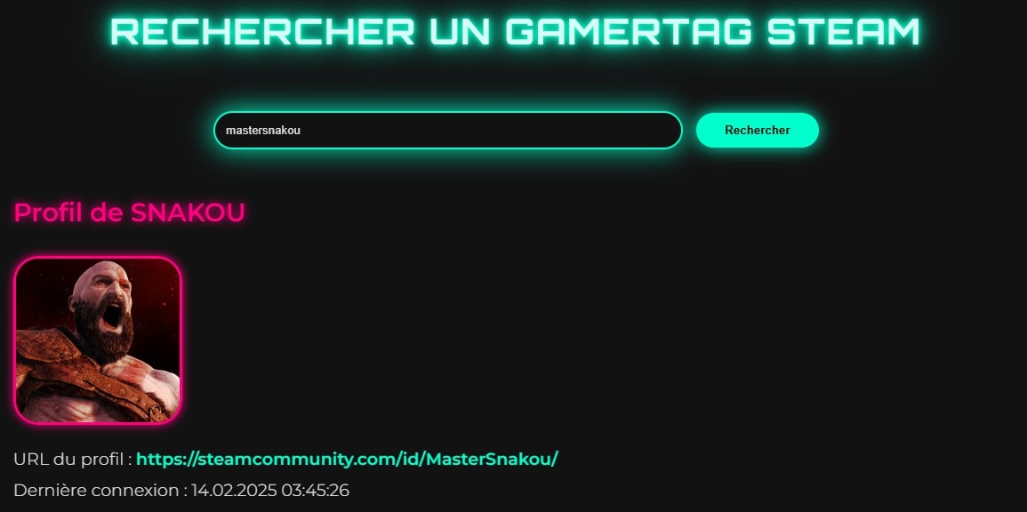 Capture d'écran de la fonctionnalité de recherche de gamertag Steam